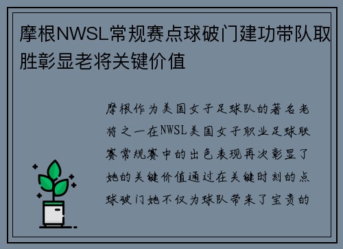 摩根NWSL常规赛点球破门建功带队取胜彰显老将关键价值